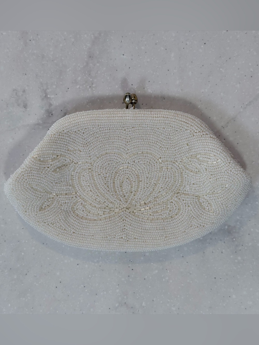 Vintage Ivory Beaded Floral Evening Clutch
